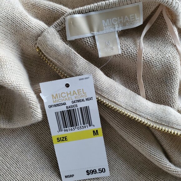 MICHAEL KORS NWT Gold Back Zipper Long Tunic Sweater Top Oatmeal Heather Color M - Picture 8 of 14